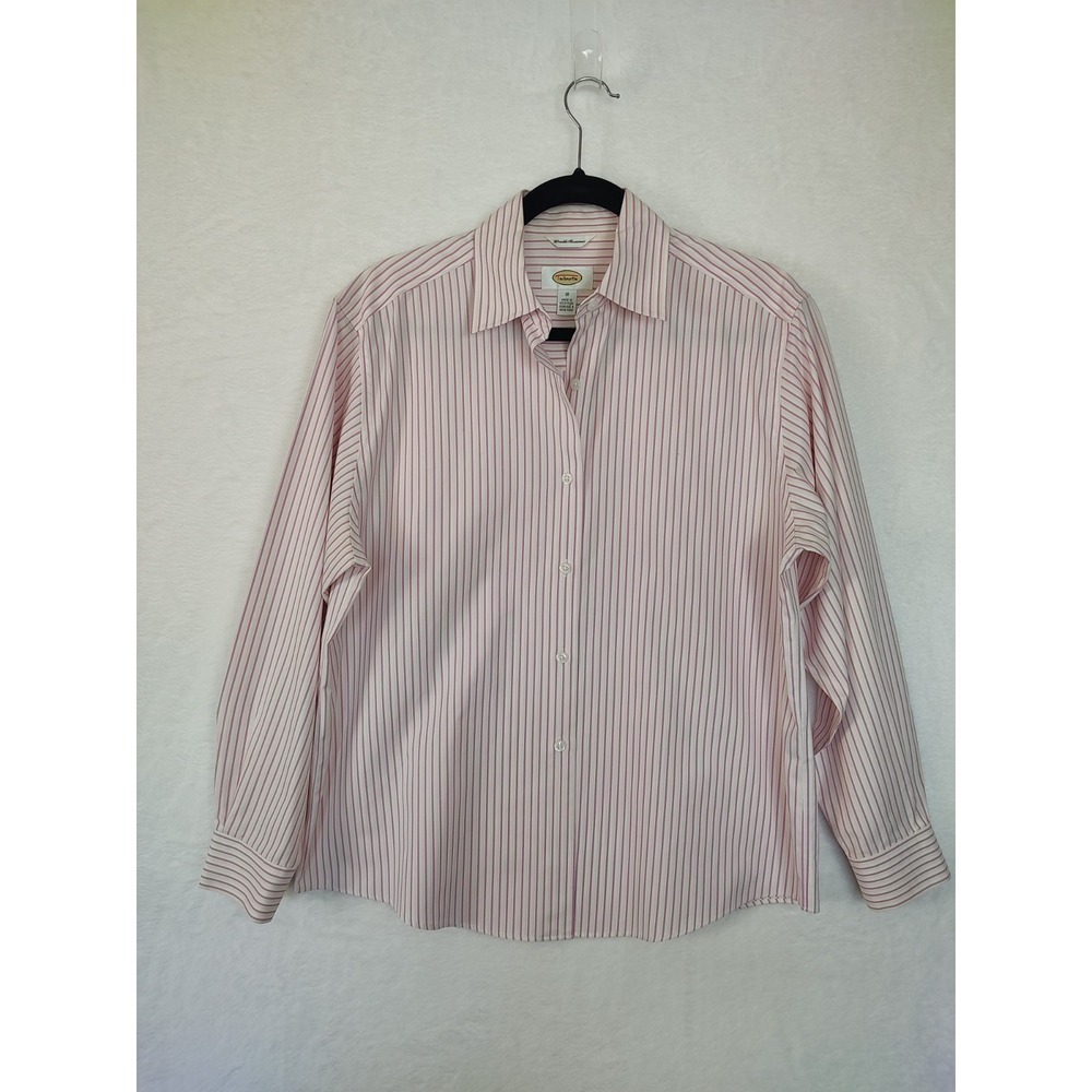 Talbots Womens 10 Pink White Striped Button Down Shirt Wrinkle Resistant Cotton